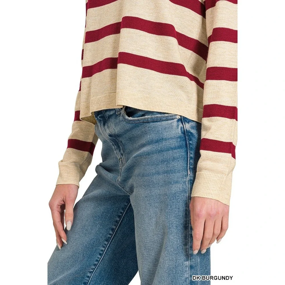 Zenana Lightweight Wool Blend Striped‎ Round Neck Sweater - Medium